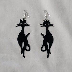 Retro Vintage Black Mid Century Modern Cat 4” Metal Dangle Earrings.